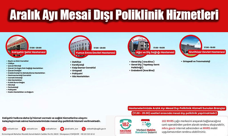 Eski�ehir Hastanelerinde Aral�k Ay� Mesai D��� Poliklinik Hizmetleri
