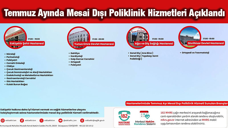 Eski�ehir�de Sa�l�kta Mesai Sonras� D�nem: Temmuz Ay� Bran� Listesi A��kland�